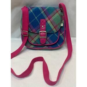 NESS Wool Rich Check Crossbody Bag Satchel Messenger Shoulder Pink Leather Trim